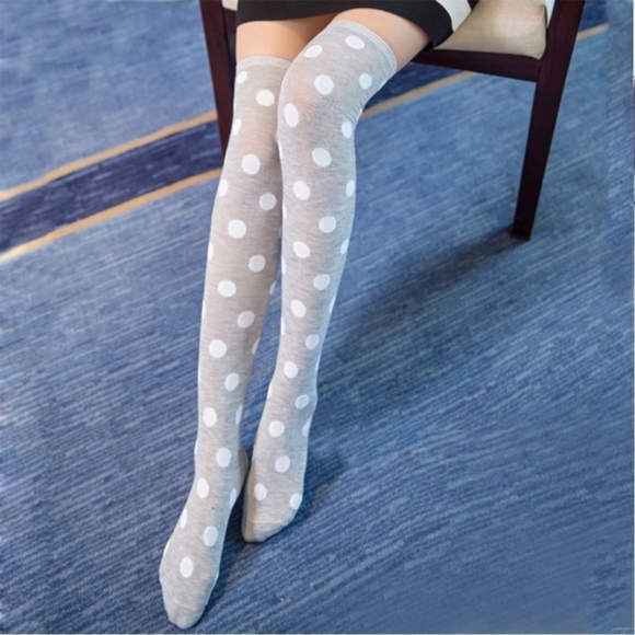 Gray with White Poka Dots Thigh High Socks Warm Over the Knee Socks NEW - Picture 1 of 4